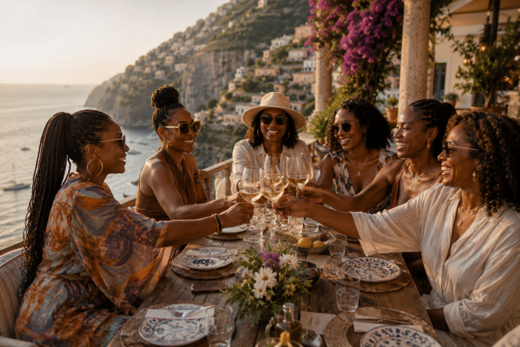 Group of Black women sharing a celebratory toast during dinner on a coastal terrace