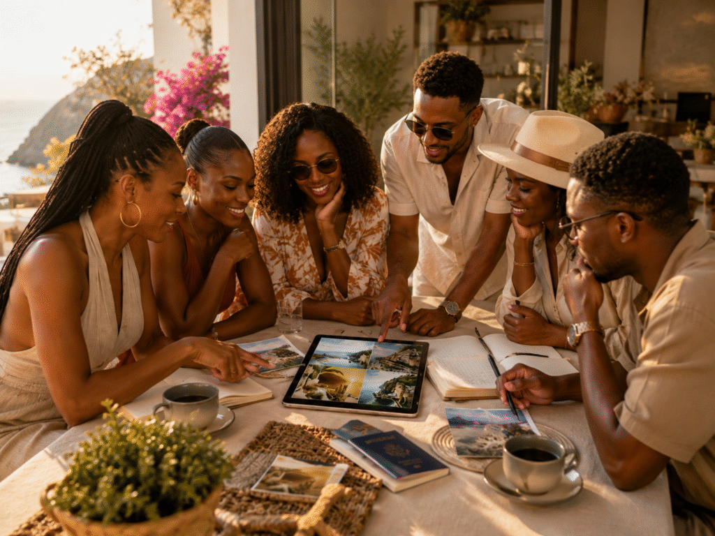 Black friends reviewing destination ideas together around a table with travel photos, notebooks, and a tablet