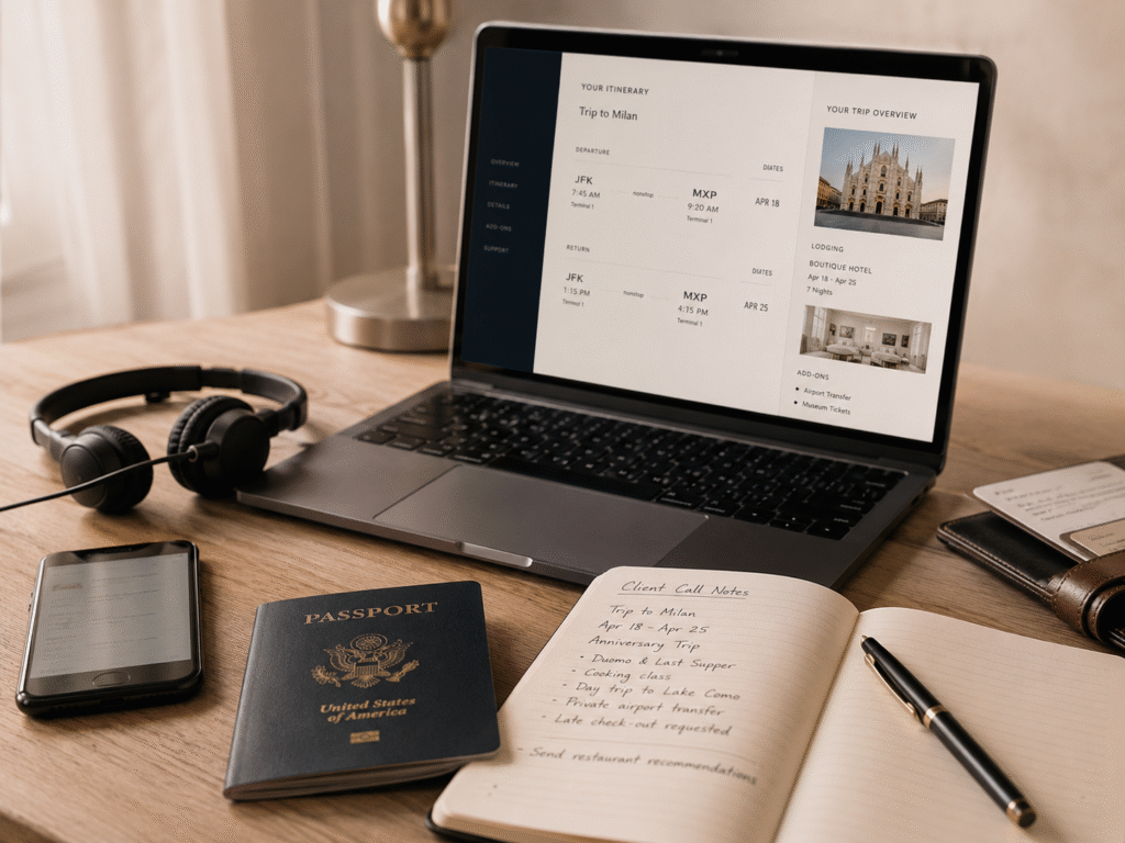 Travel planning workspace with passport, notebook, coffee, sunglasses, and itinerary phone, representing personalized pre-travel support.